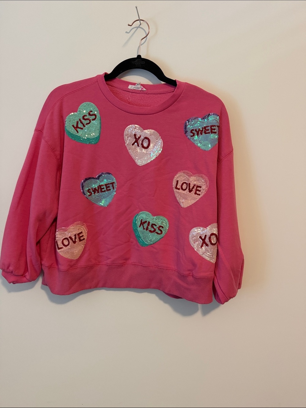 Sequin Heart Graphic Sweatshirt - Bright Pink